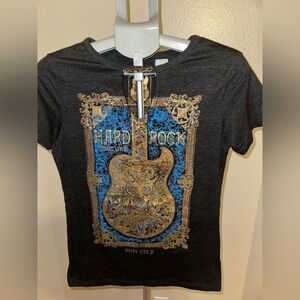 Hard Rock Cafe Couture Sin City Charcoal Tee with Gold and Blue Design